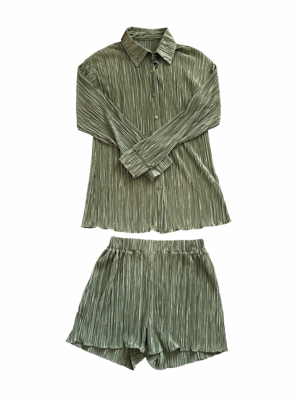Olive Green Pleated Women's Pajama Set - Button-Up Top & Shorts